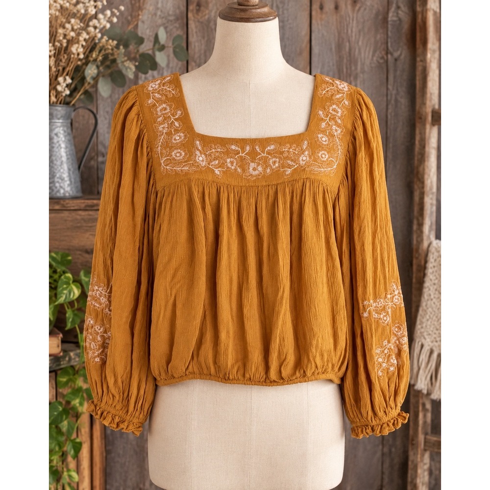 American Eagle Embroidered Peasant Blouse Ochre Boho Square Neck Size Small